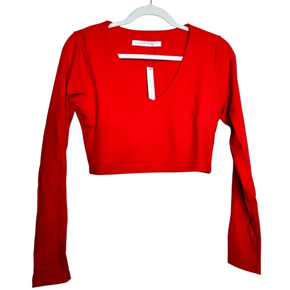 Susana Monaco Very V Long Sleeve Crop Top in Morello Red NWT Size Large